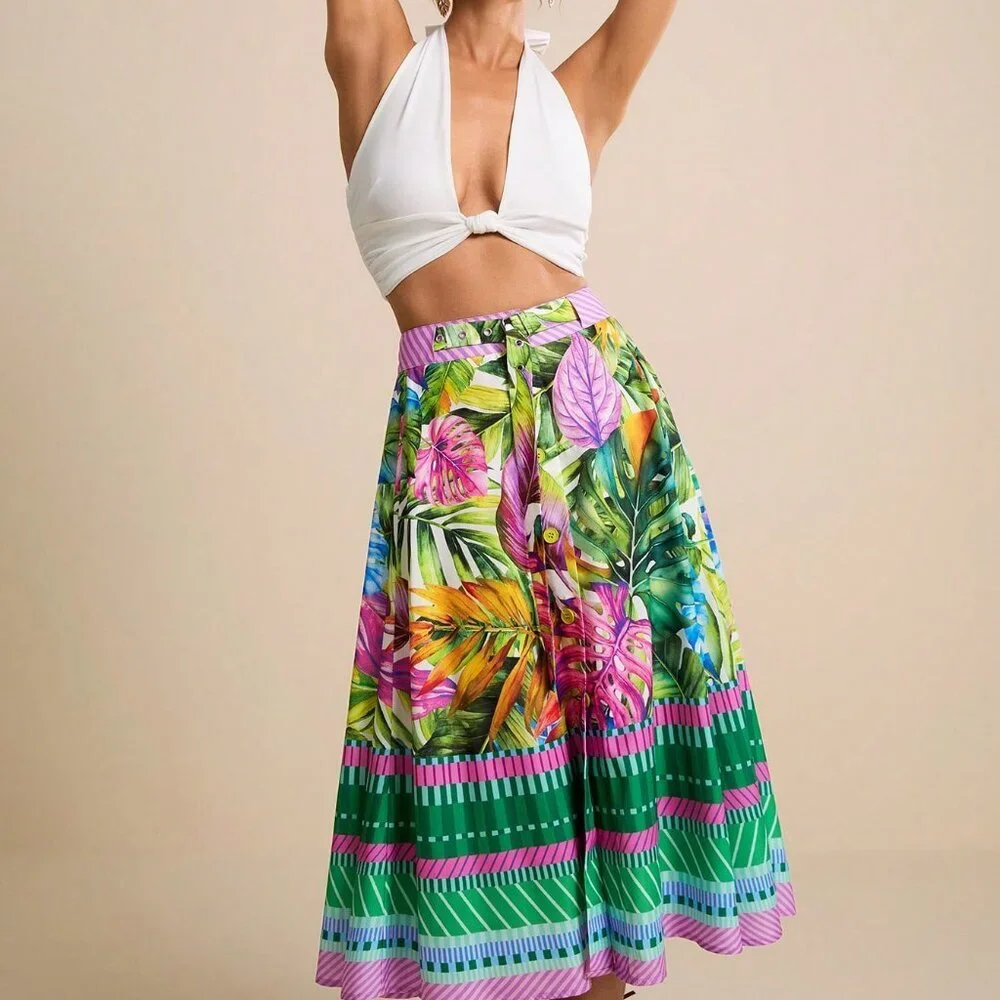 Green Boho Women's Tropical Watercolor Palm Leaf A-Line Midi Skirt